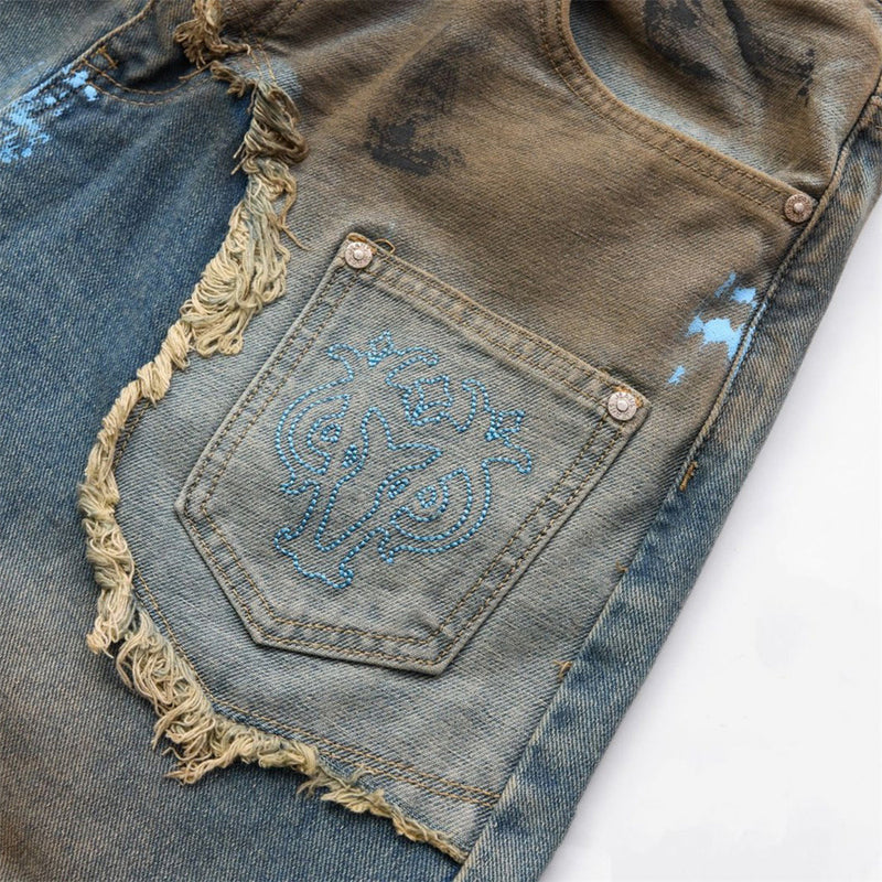Baggy Jeans with Paint Splatter Patchwork & Distressed Raw-Edge Detail