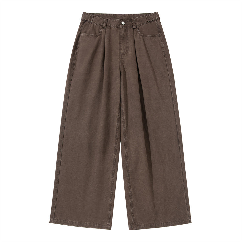Wide-Leg Pleated Trousers – Vintage Washed Relaxed Fit Men's Pants