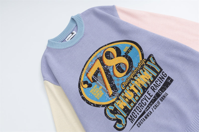 78 Speedway Colorblock Knit Sweater – Oversized Crewneck with Racing Graphic