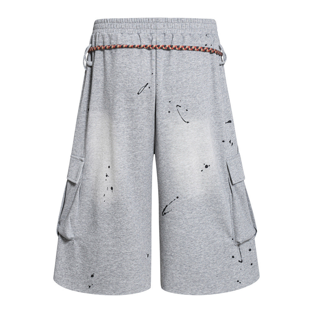 Hand-Drawn Graffiti Cargo Shorts – Wide Leg Streetwear with Rope Drawstring