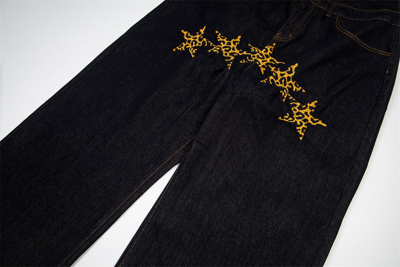 High-Waist Wide-Leg Jeans with Star Embroidery – Double Waistband Baggy Fit