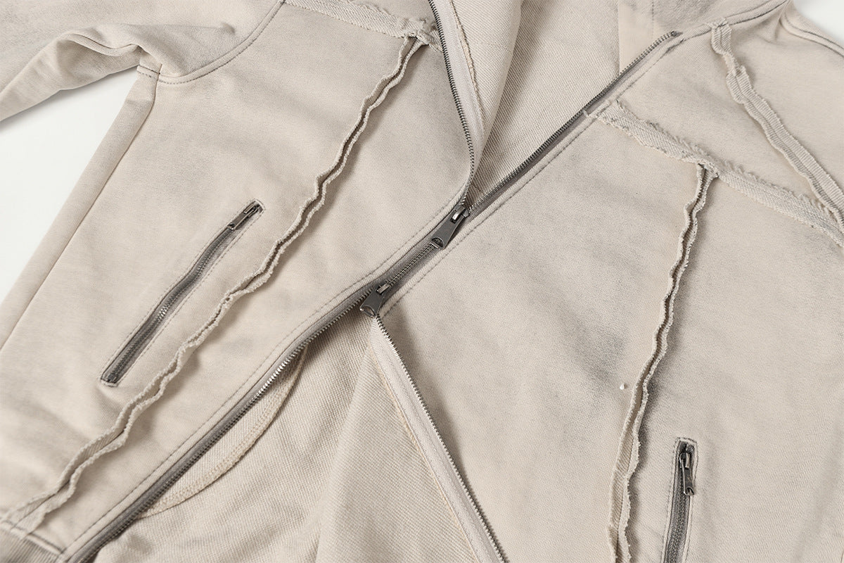 Deconstructed Asymmetric Zip Hoodie – Washed Oversized American Streetwear