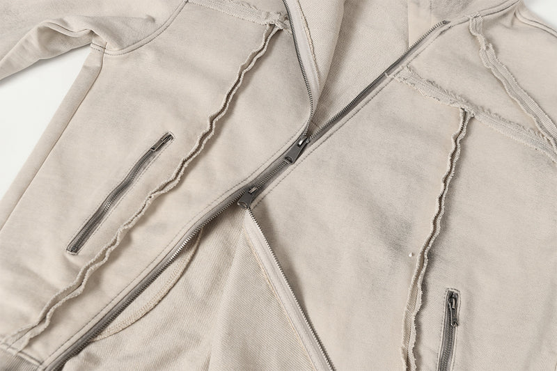 Deconstructed Asymmetric Zip Hoodie – Washed Oversized American Streetwear