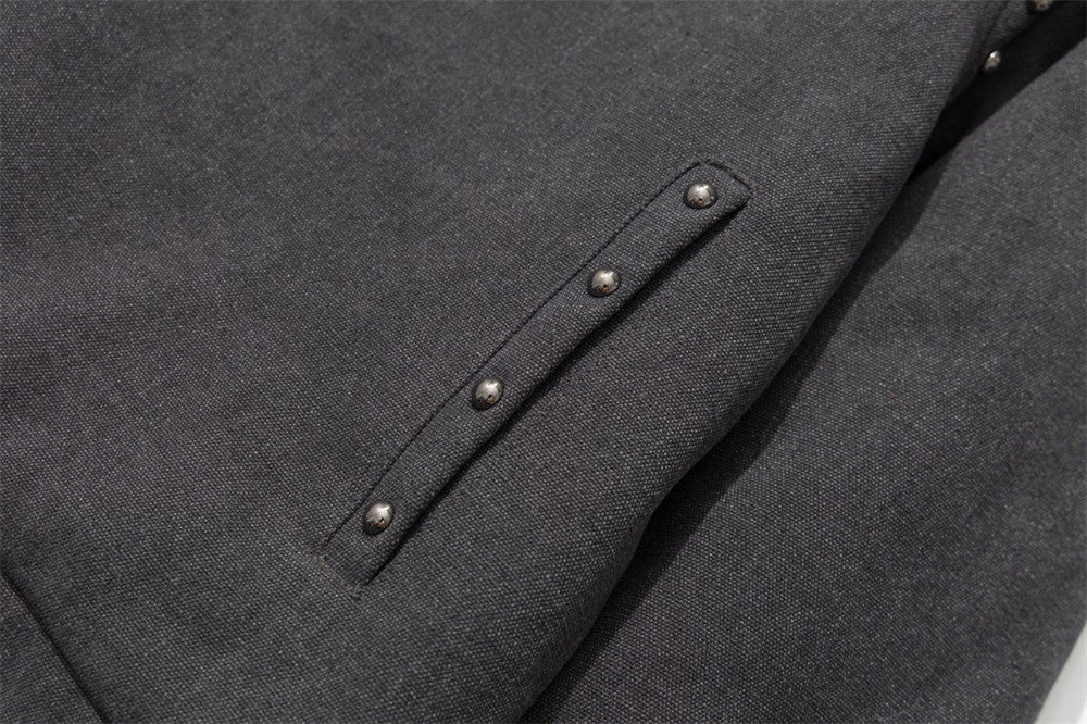 Veste moto homme à col en fausse fourrure – Zip diagonal, détails cloutés, gris anthracite