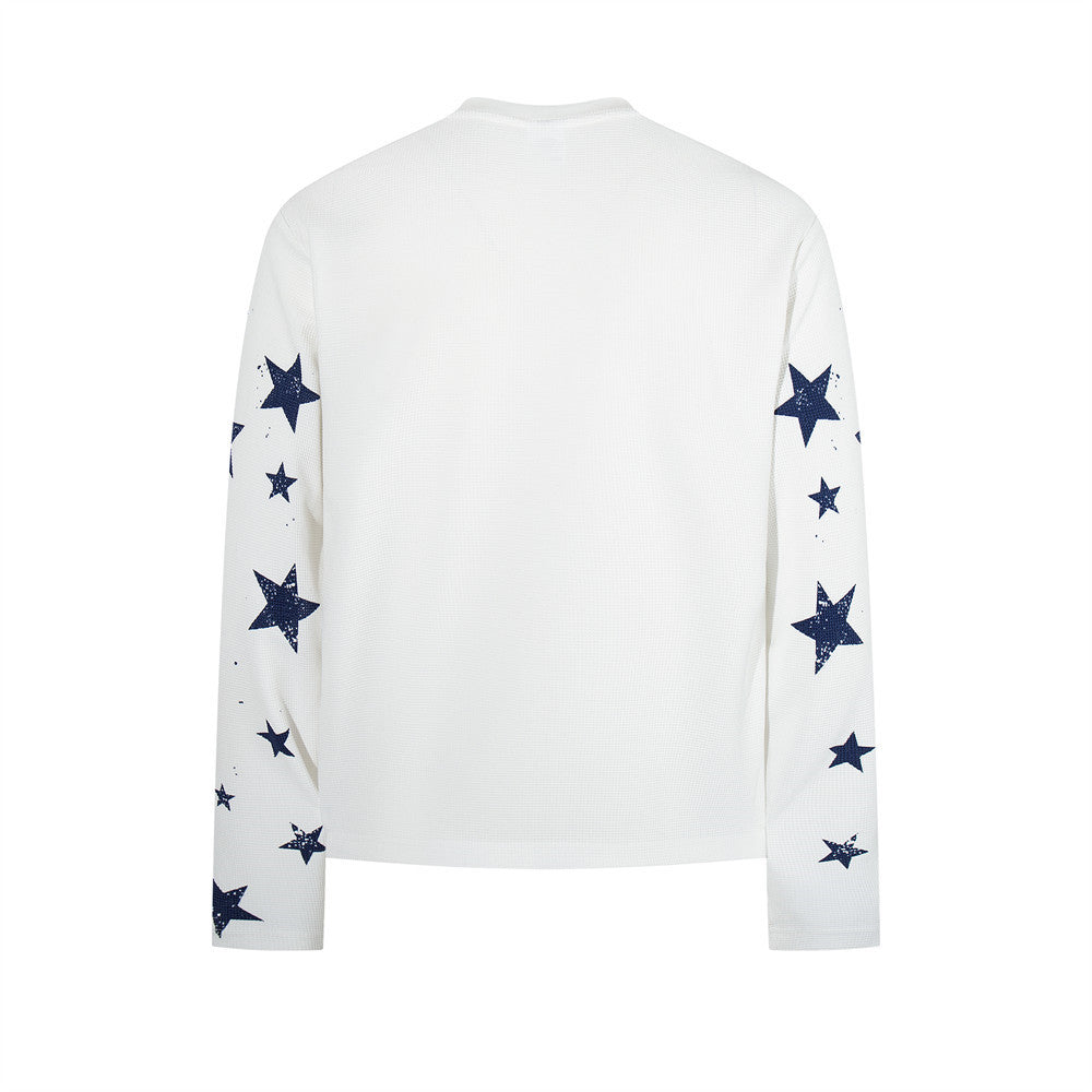 Men's American Flag Star Print Long Sleeve Shirt – Distressed Waffle-Knit Tee