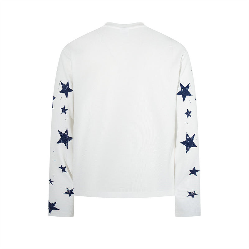 Men's American Flag Star Print Long Sleeve Shirt – Distressed Waffle-Knit Tee
