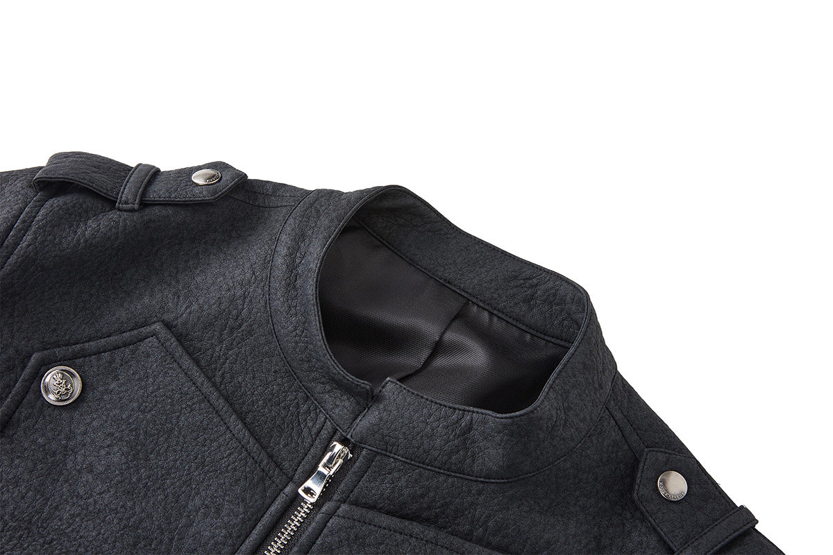 Military-Style Faux Leather Jacket with Double-Breasted Buttons & Zip Front