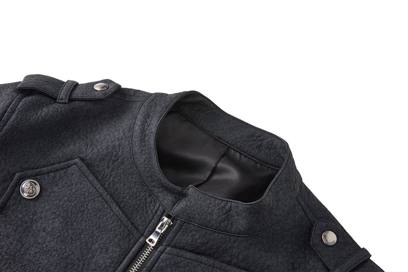 Military-Style Faux Leather Jacket with Double-Breasted Buttons & Zip Front