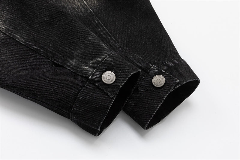 Black Jean Jacket Men – Punk Washed Denim with Metal Ring Hardware