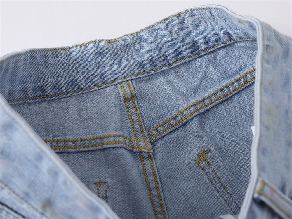 Hand-Painted Graffiti Denim Shorts – Wide-Leg Washed Jean Shorts