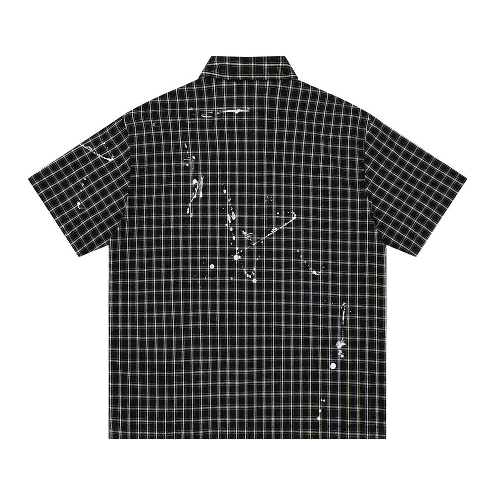 Paint Splatter Plaid Short Sleeve Shirt – Relaxed Fit Street Style