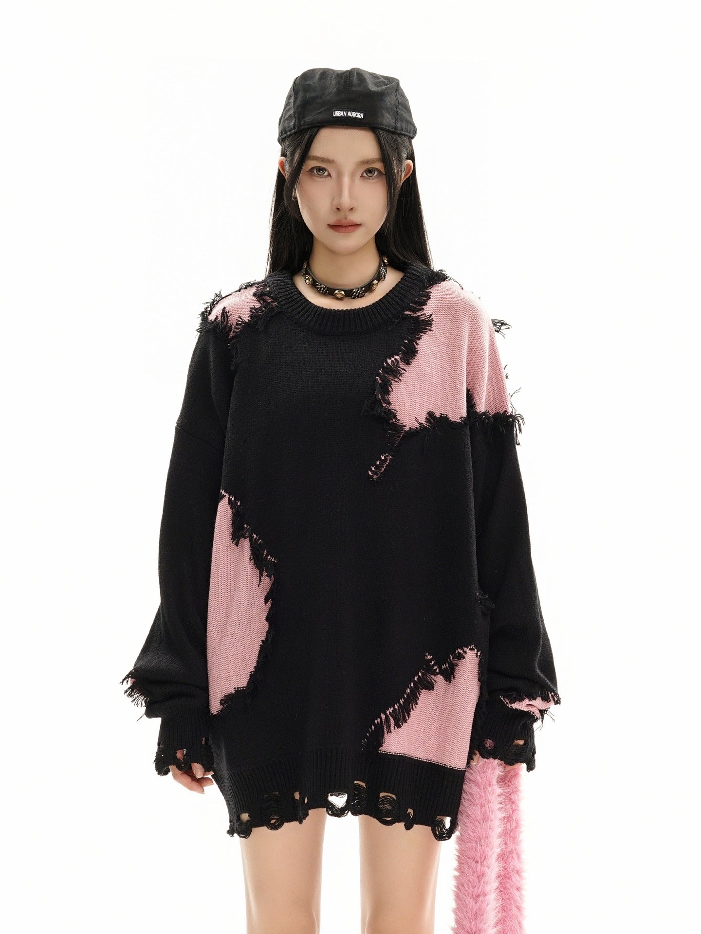 Pull en maille color block effet usé – Pull oversize à franges, style high-street