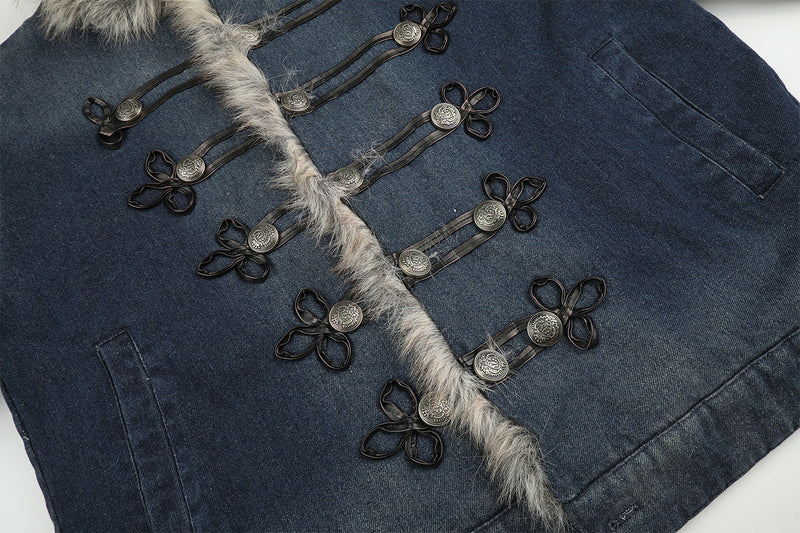 Fur Collar Denim Jacket – Fleece-Lined Vintage Moto Style