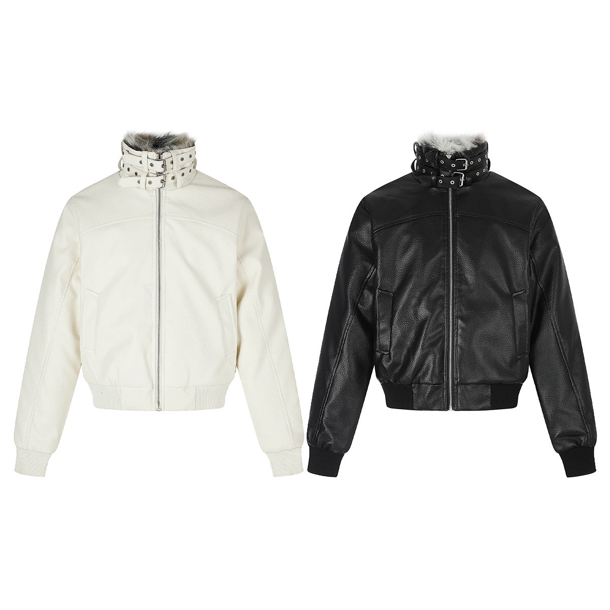 Faux Leather Bomber Jacket with Fur Collar and Buckle Detail