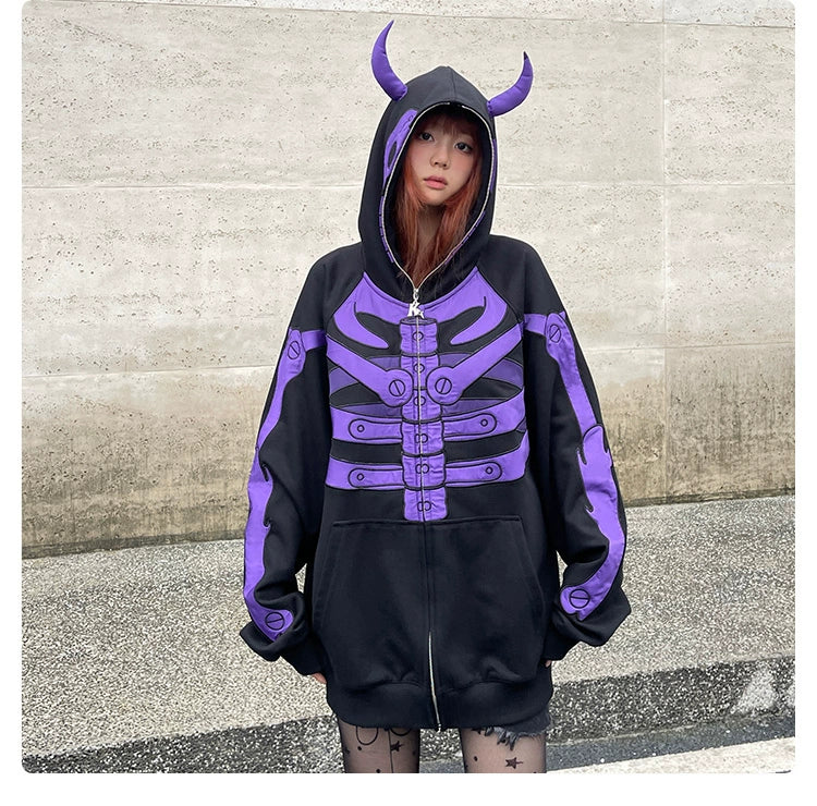 Dark Skull Demon Hoodie - 400GSM Oversized Anime-Inspired Zip-Up Sweatshirt