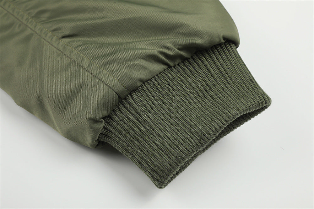 Men's Army Green Bomber Jacket with Leopard Faux Fur Collar & Rivet Detail