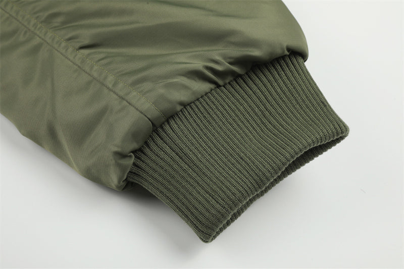 Men's Army Green Bomber Jacket with Leopard Faux Fur Collar & Rivet Detail