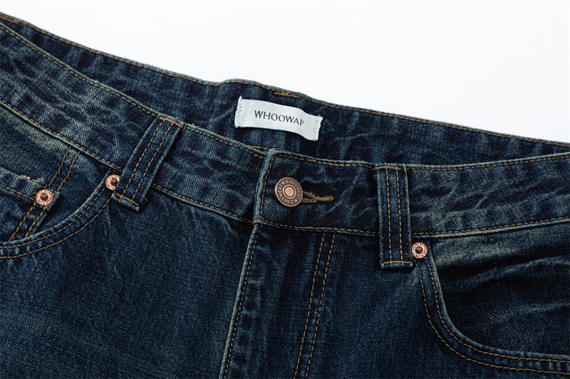 Wide-Leg Jeans – Vintage Washed Dark Blue with Distressed Details