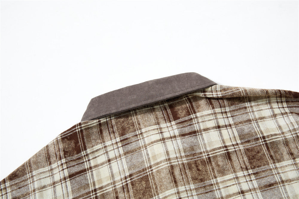 Men Long Sleeve Button Down Shirt Plaid Vintage Embroidered Flannel Overshirt