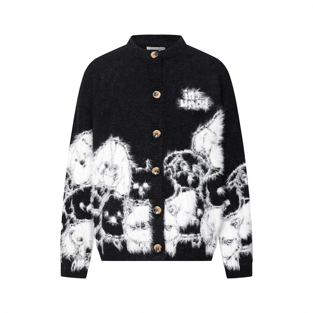 Oversized cartoon dog jacquard fuzzy knit cardigan with gold-tone buttons in charcoal black with white intarsia pattern