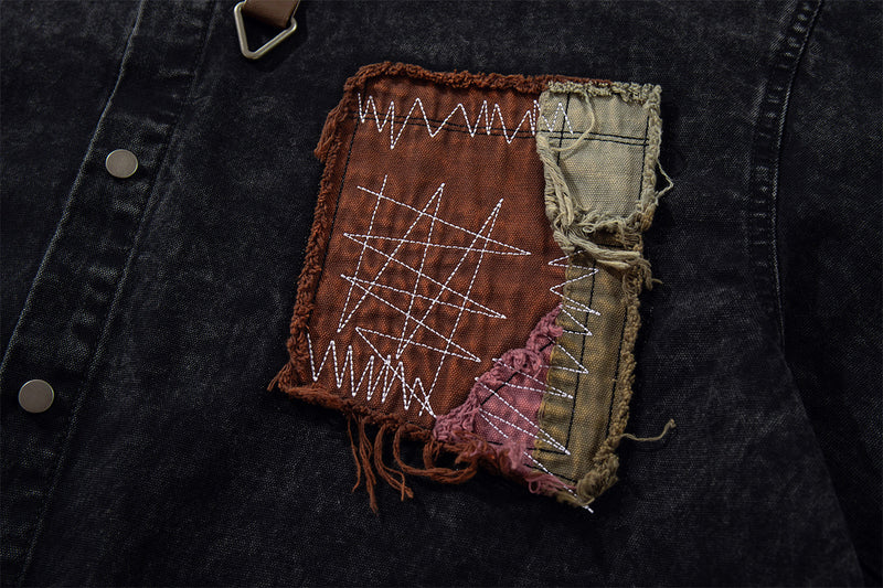 Washed Denim Shirt Jacket with Patchwork Pocket & Embroidered Collar