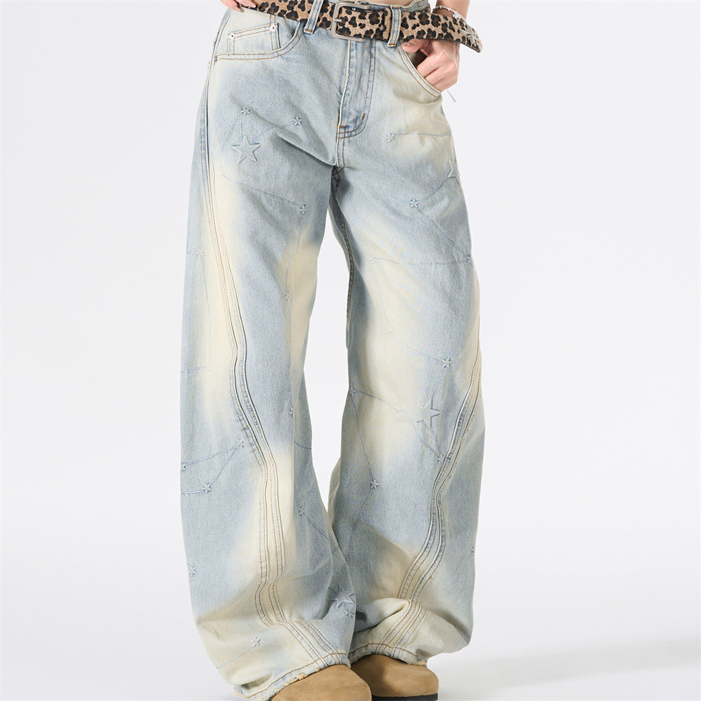 Star Embroidery Wide-Leg Jeans – Vintage Washed Baggy Denim