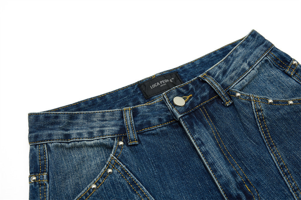 Men's Baggy Black Jeans Wide-Leg Rivet Punk Washed Denim Pants