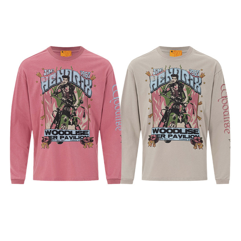 Camiseta Vintage de Manga Larga con Gráfico Moto – Estampado del Concierto de Jimi Hendrix de 1967