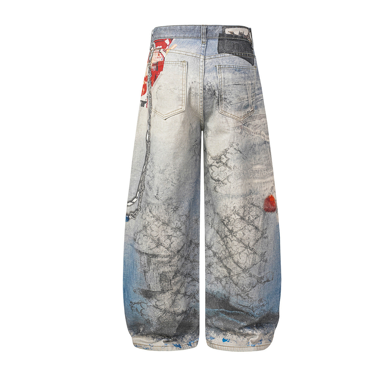 Jean baggy à jambes larges avec imprimé 3D – Denim délavé à ourlet incurvé