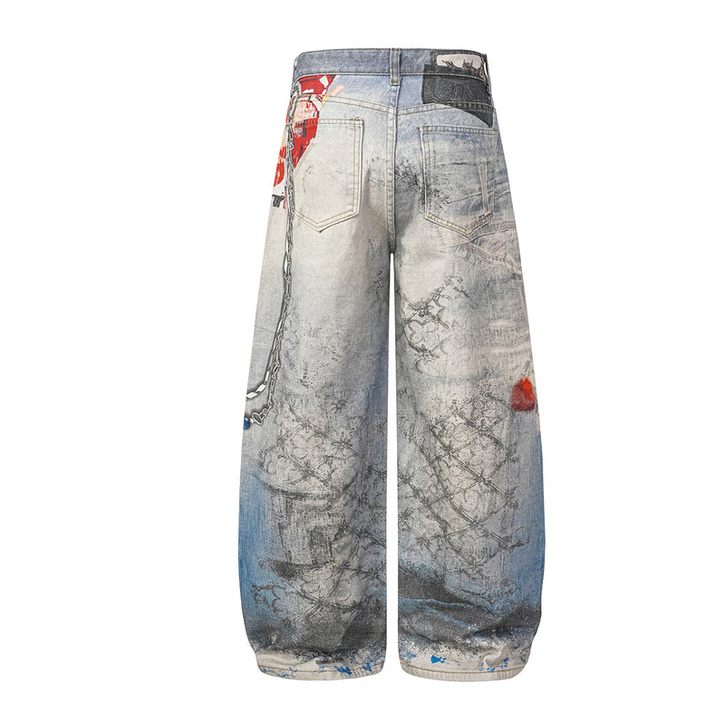 Jean baggy à jambes larges avec imprimé 3D – Denim délavé à ourlet incurvé