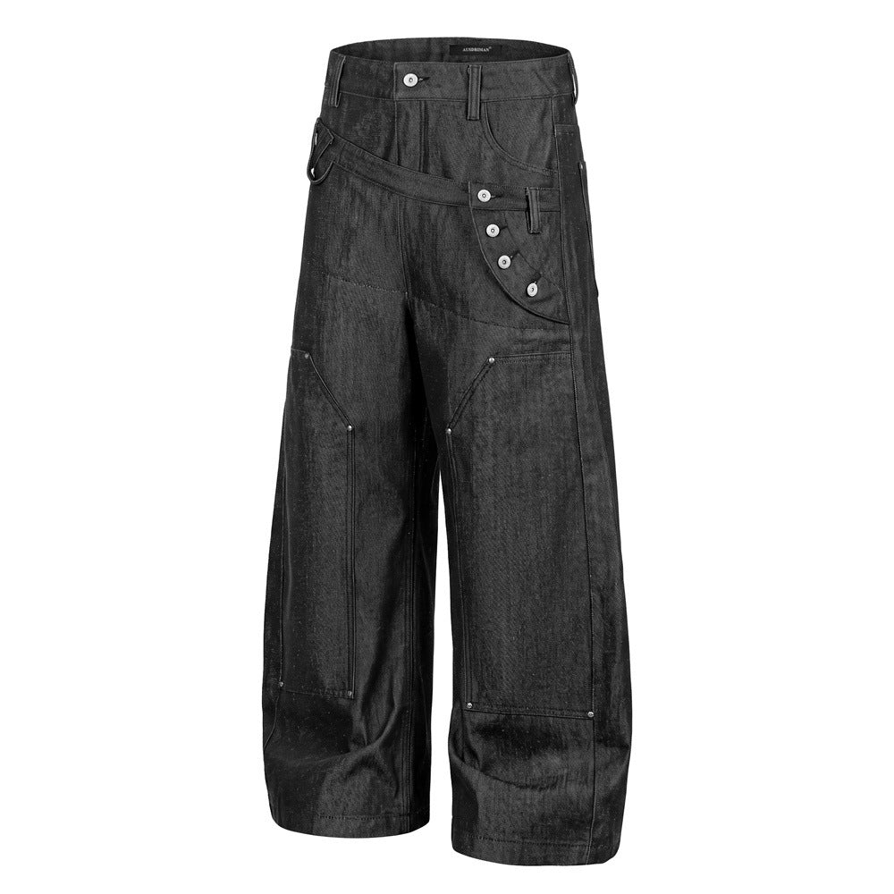 Jean wide leg noir homme avec double ceinture et empiècement diagonal