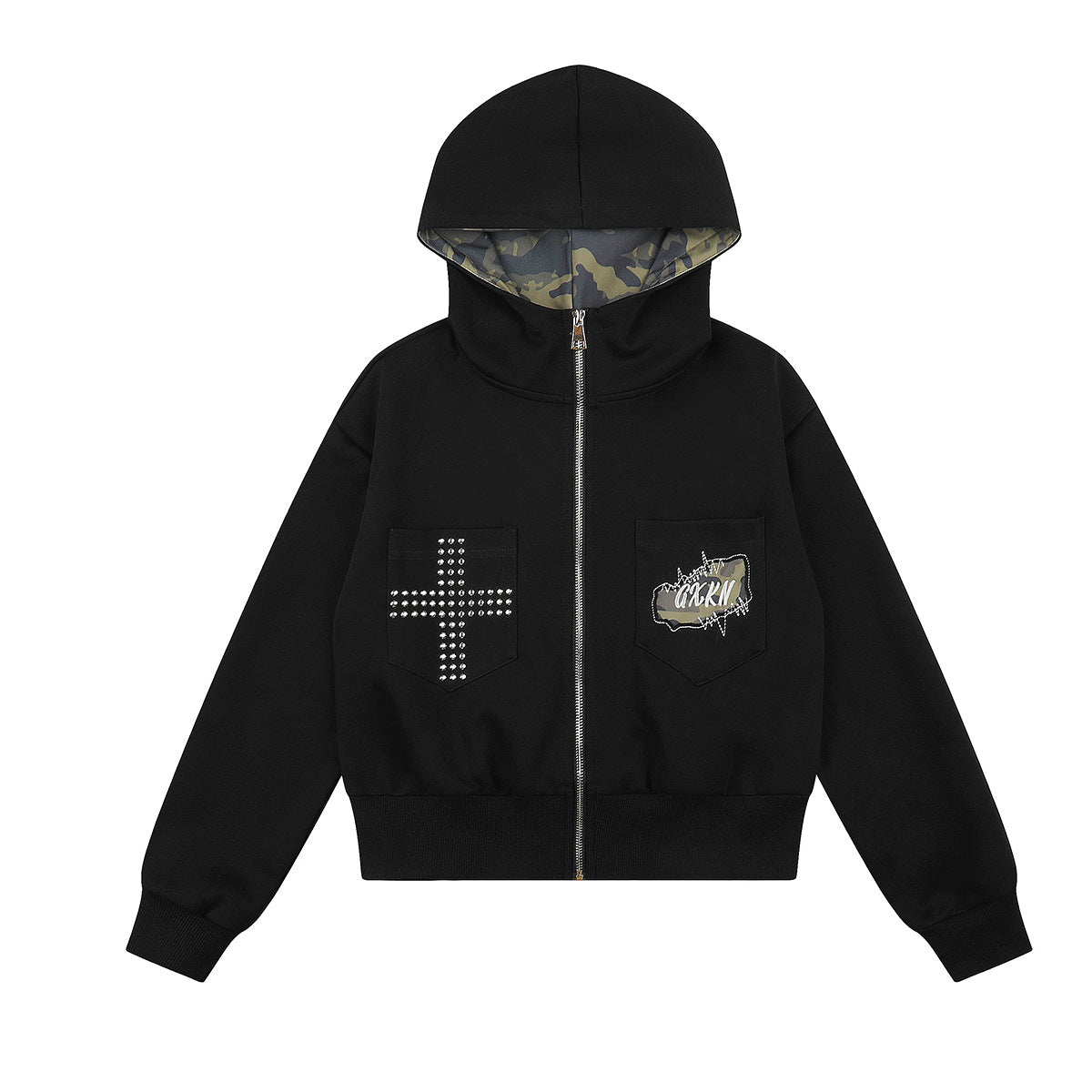 Sweat à capuche zippé avec écusson croix clouté et doublure camouflage
