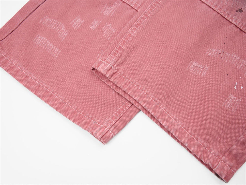 Rosa Wide-Leg-Canvas-Hose mit Destroyed-Details – Paint-Splatter-Workwear-Jeans