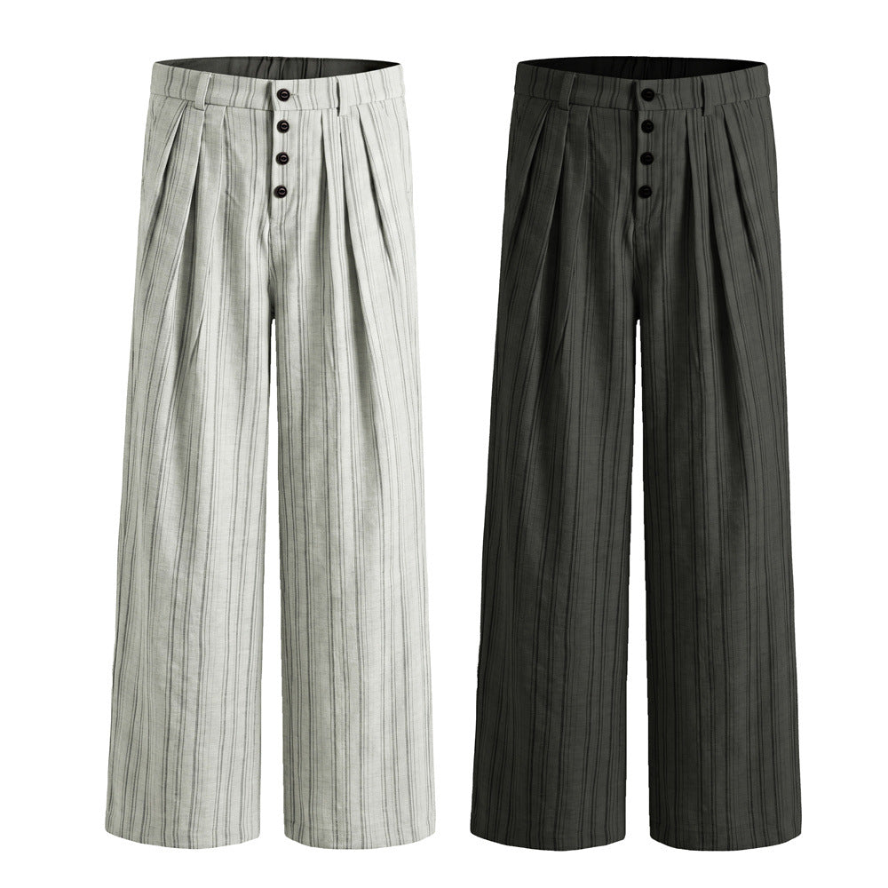 Pantalones de pierna ancha de rayas con pinzas – Corte relajado y cierre frontal de botones