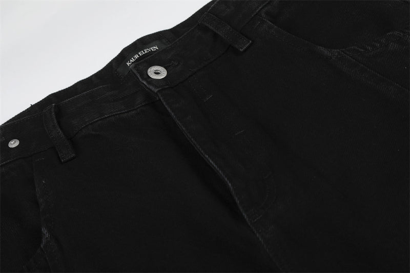 Wide-Leg Cargo Jeans – Pleated Multi-Pocket Washed Black Denim