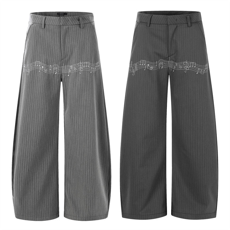 Pinstripe Wide-Leg Trousers with Music Note Embroidery
