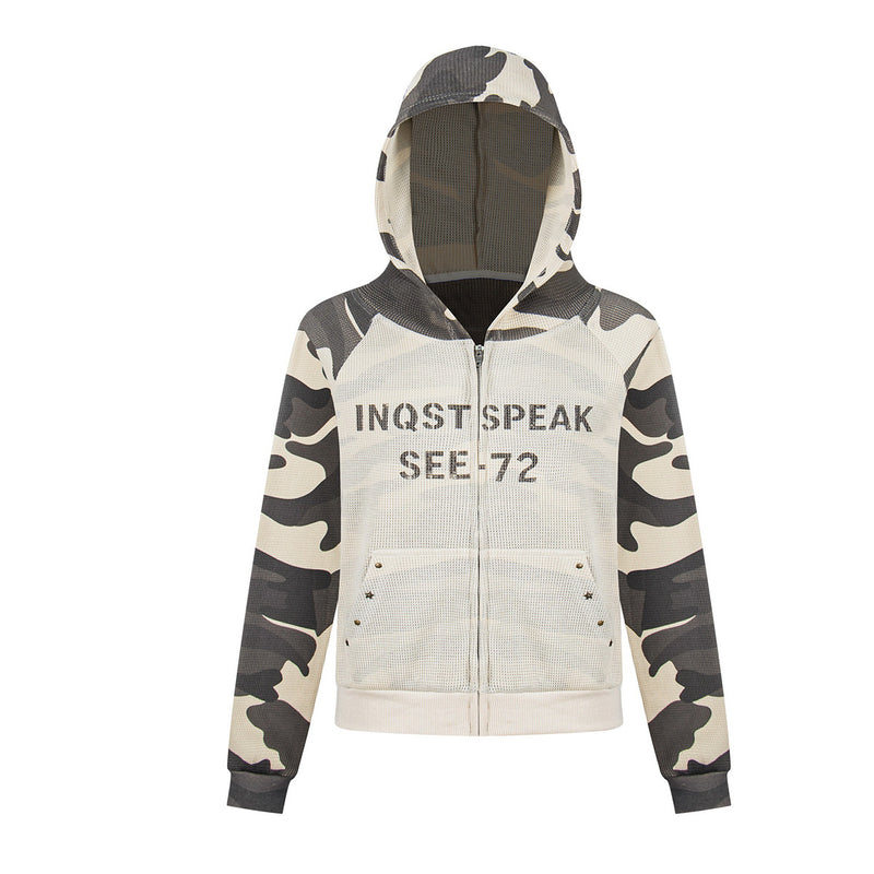 Grey and cream desert camouflage zip-up hoodie with waffle-mesh body panel and INQST SPEAK SEE-72 stencil graphic print on ch
