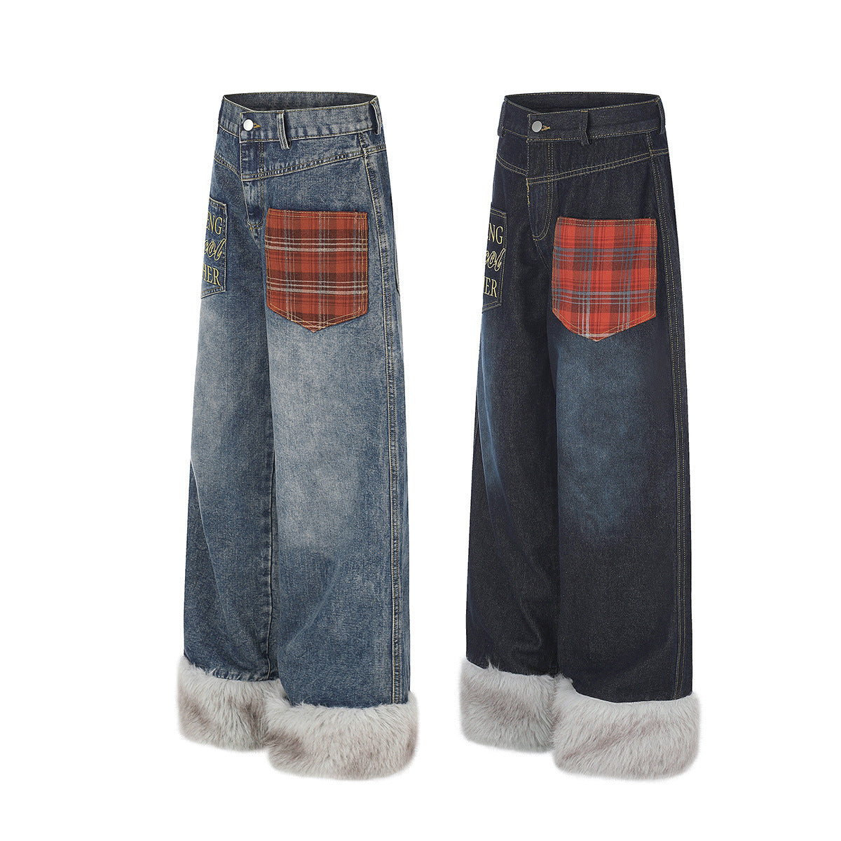 Jean baggy à jambes larges avec ourlet en fausse fourrure, poche à carreaux et broderie