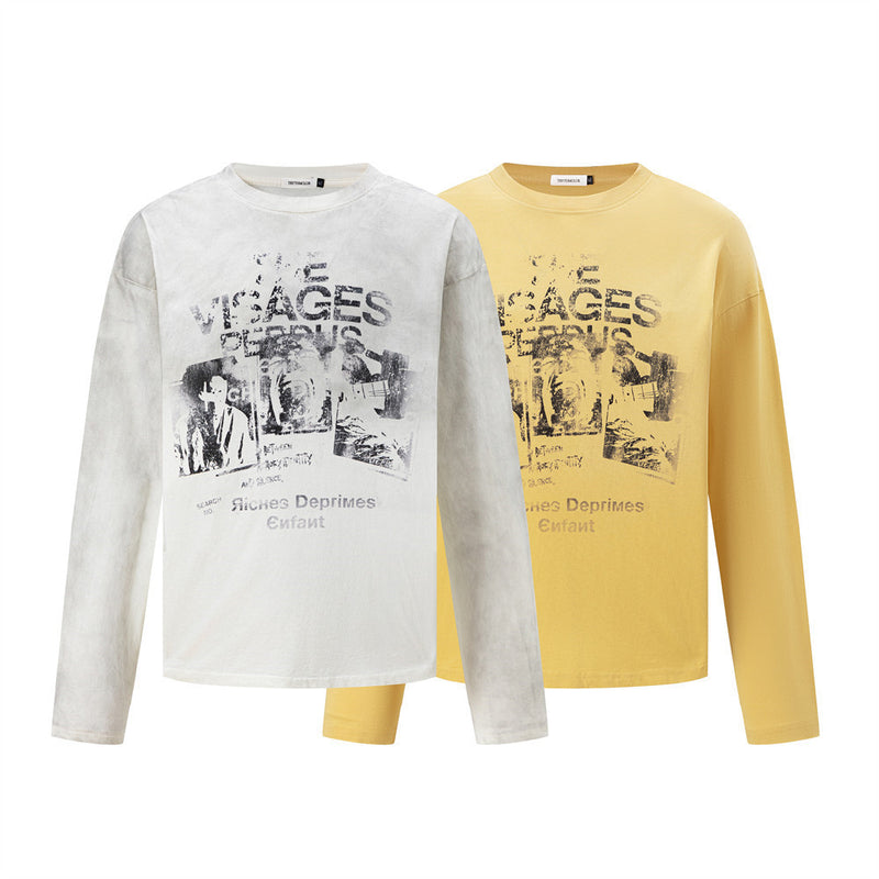Long Sleeve Graphic Tee – Vintage American Distressed Print Crew Neck T-Shirt