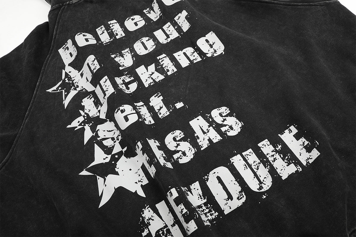 Zip-Up Grey Hoodie Washed Punk Star Graphic Zip Hoodie with Rivet Details