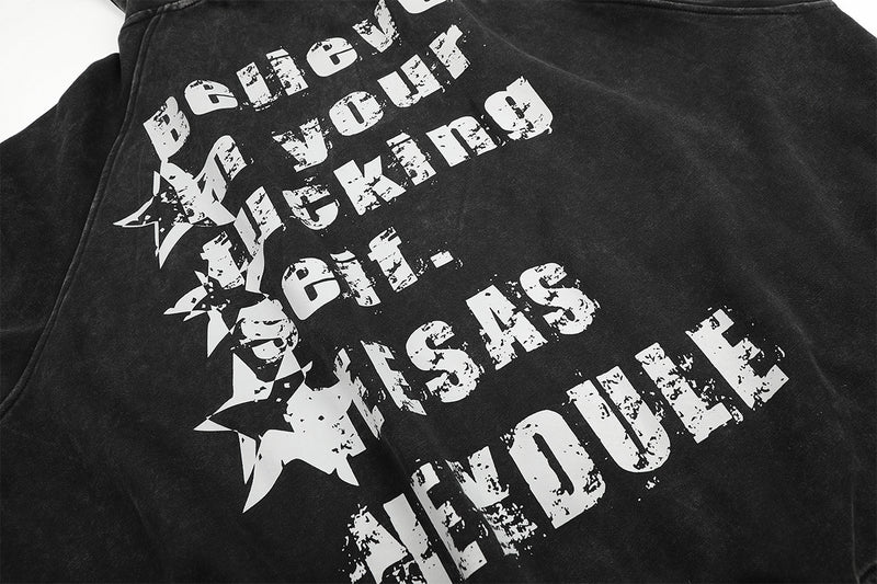 Zip-Up Grey Hoodie Washed Punk Star Graphic Zip Hoodie with Rivet Details