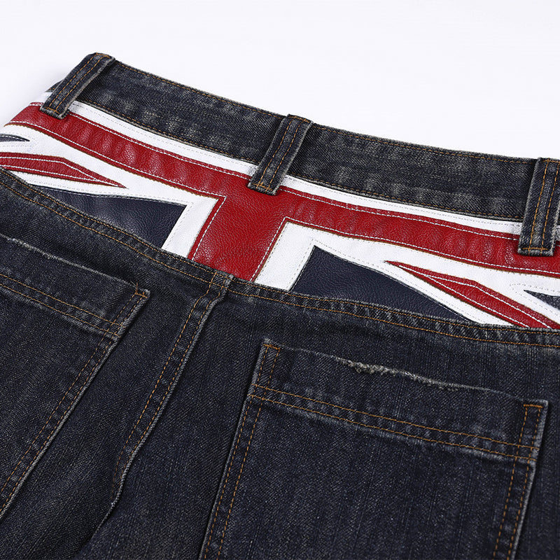 Wide-Leg Jeans with Union Jack Leather Waistband Detail