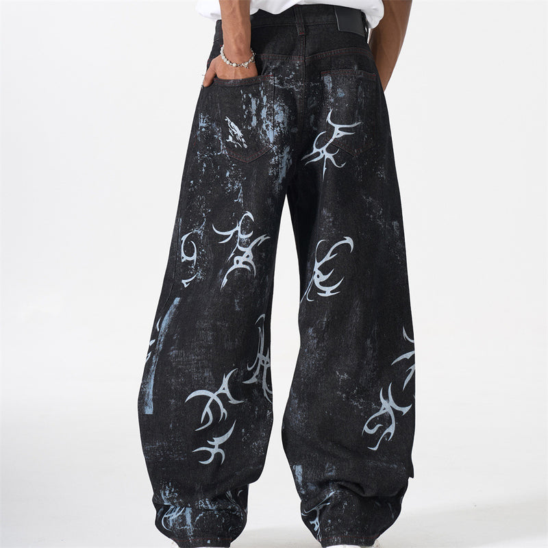 Tribal Print Baggy Jeans – Black Distressed Wide-Leg Denim