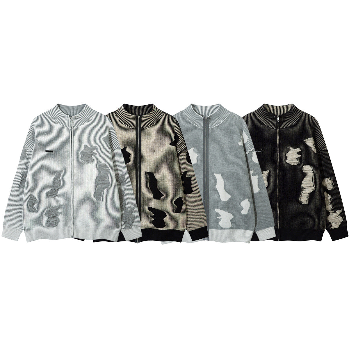 Distressed Knit Zip-Up Cardigan Jacket – Reversible Ribbed Sweater Coat