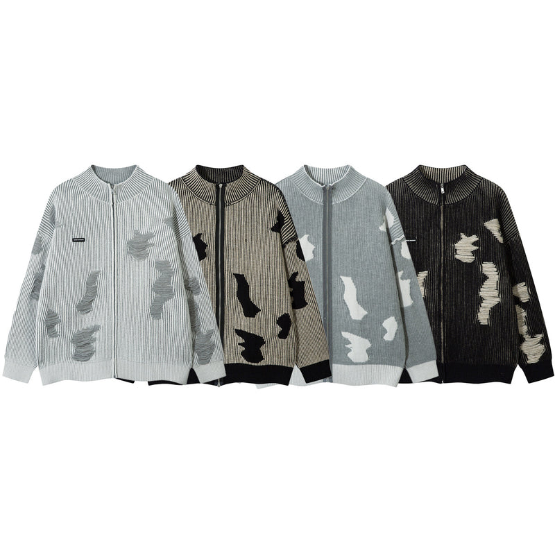 Distressed Knit Zip-Up Cardigan Jacket – Reversible Ribbed Sweater Coat