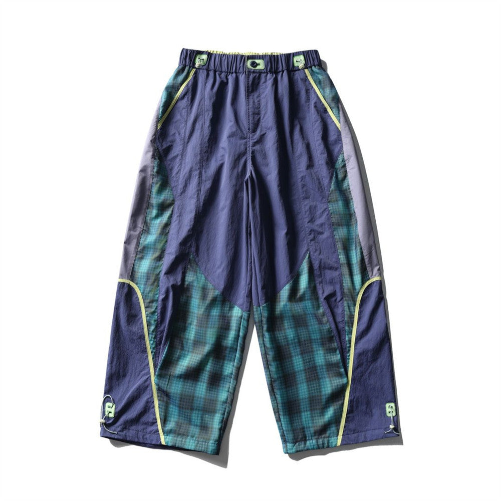 Men's Plaid Patchwork Baggy Pants – Windproof Water-Resistant Drawstring Ankle