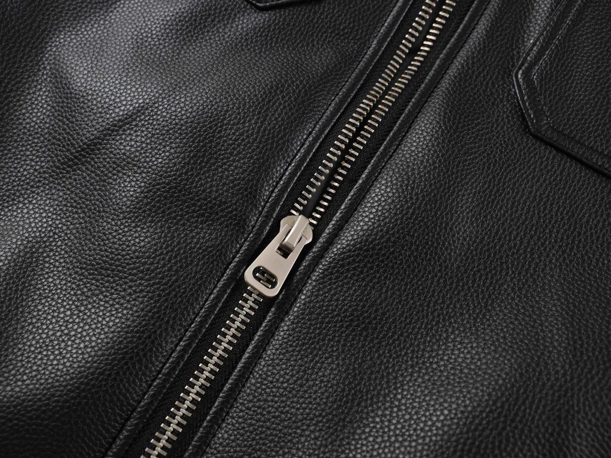 Black Leather Bomber Jacket with Fur Collar & Multi-Pocket Design
