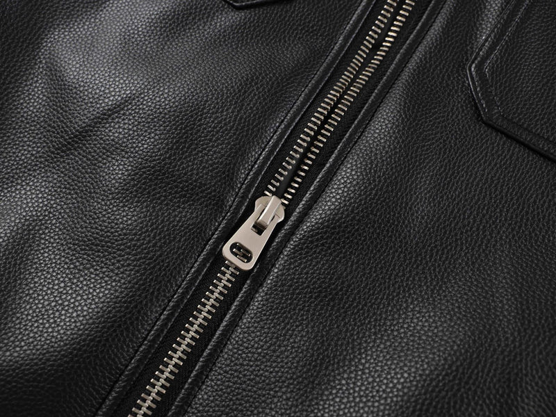 Black Leather Bomber Jacket with Fur Collar & Multi-Pocket Design