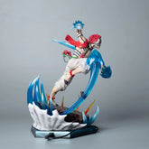 Introducing the Rengoku Kyojuro Demon Slayer Figure by Demon Slayer: a 26cm PVC anime collectible with light-up ice effects, featuring dynamic spiky red hair and face stripes, captured mid-air on an ornate base.