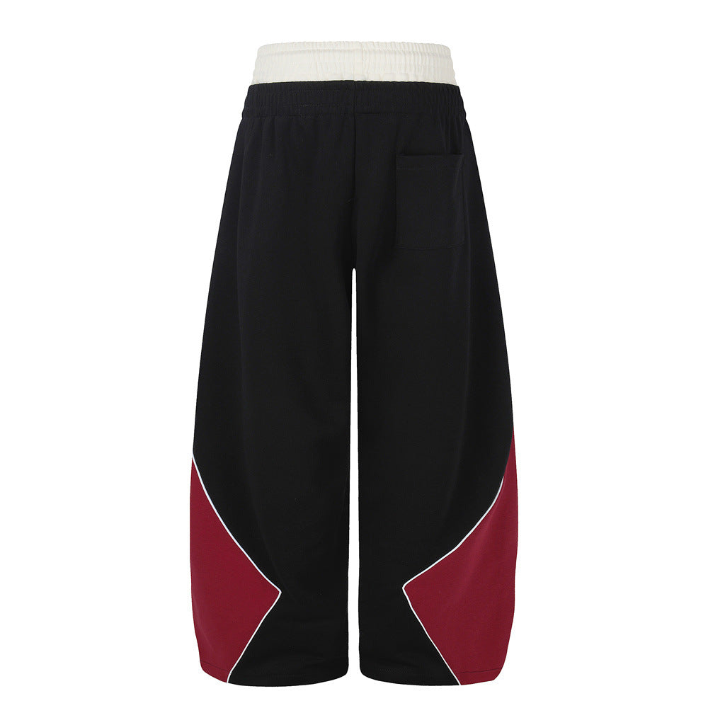 Colorblock Wide-Leg Sweatpants with Eagle Emblem & Faux Double Waistband